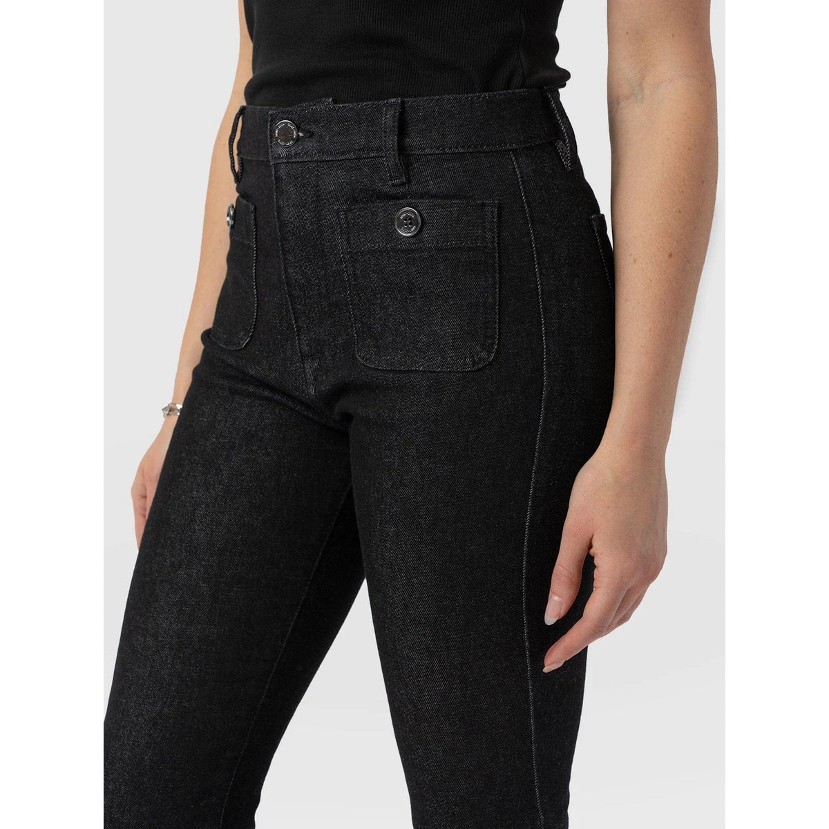 Saint + Sofia Bowie Stretch Flare Jeans Black NWT Sz 4 Short High Rise Retro 70s