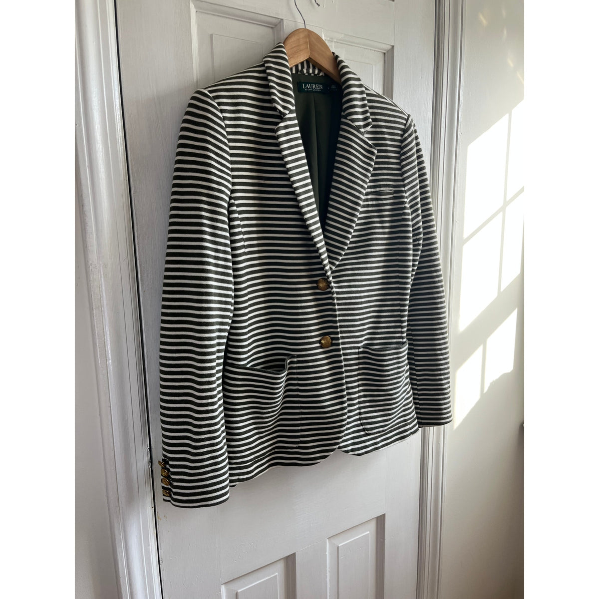 Lauren Ralph Lauren Striped Knit Blazer Green White Gold Button Crest L Large