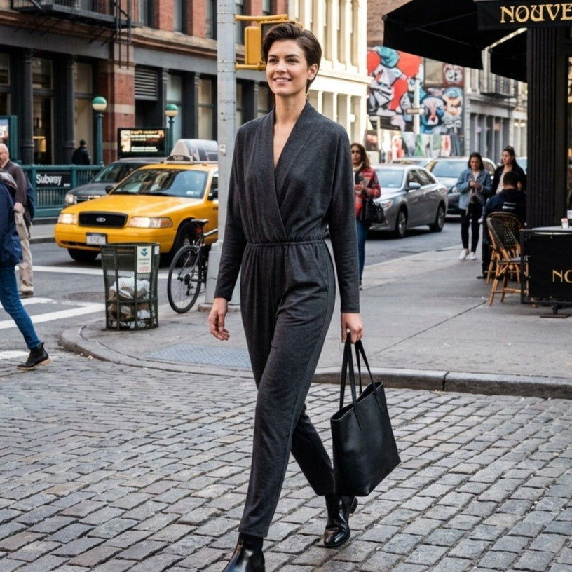 Club Monaco Long Sleeve Surplice Jumpsuit - Charcoal Grey - Size 00 - EUC
