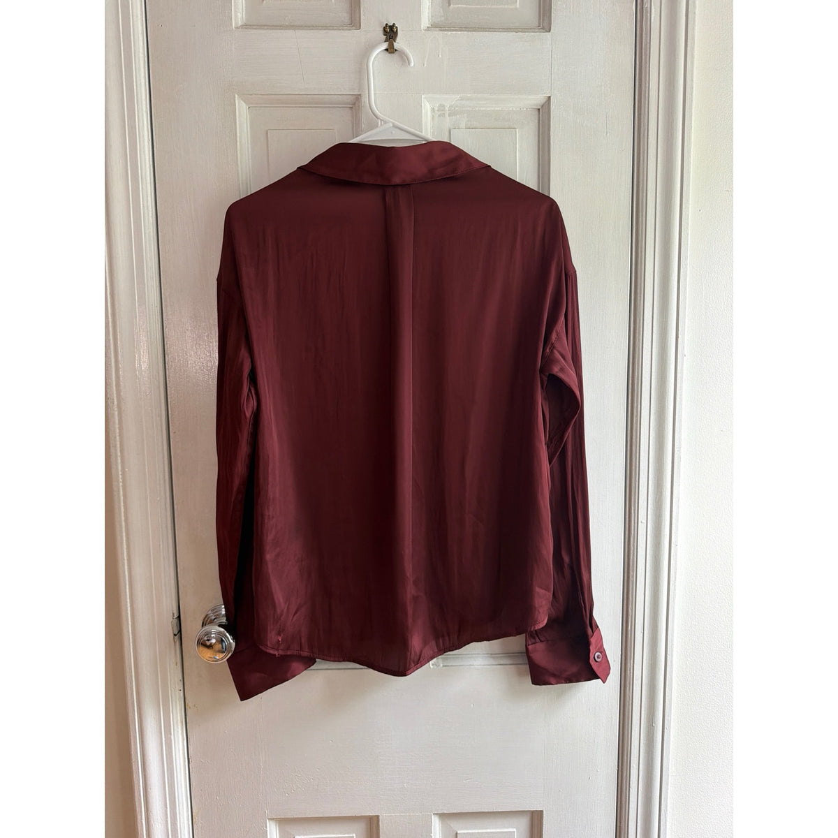 UpWest Satin Button Down Shirt Burgundy Wine Red Pocket Blouse XS