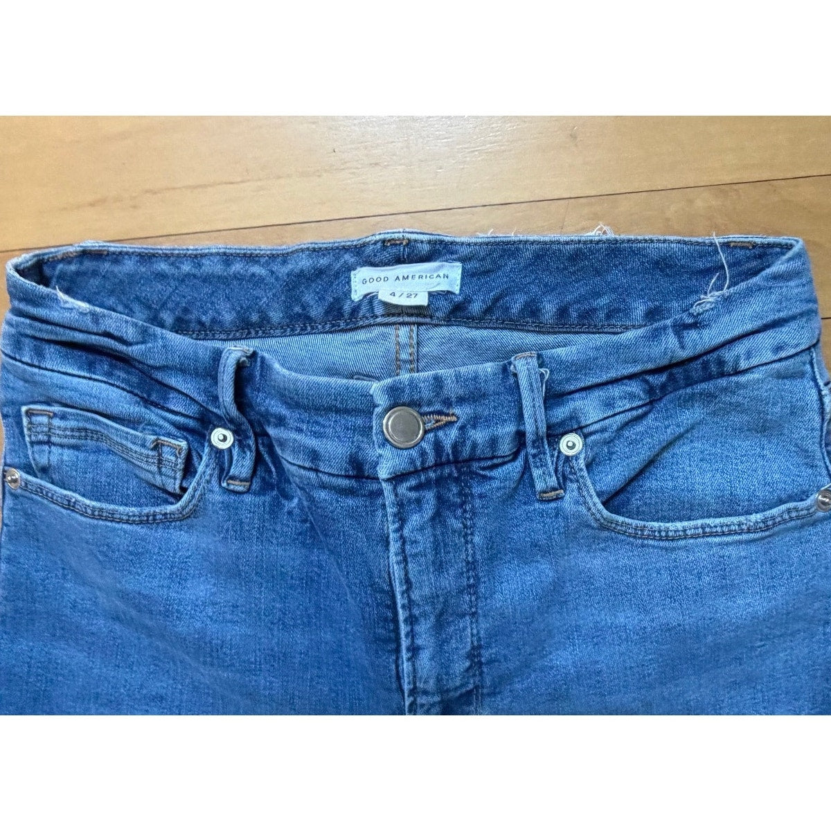 Good American Good Straight Jeans Size 4/27 High Rise Distressed Frayed Hem EUC