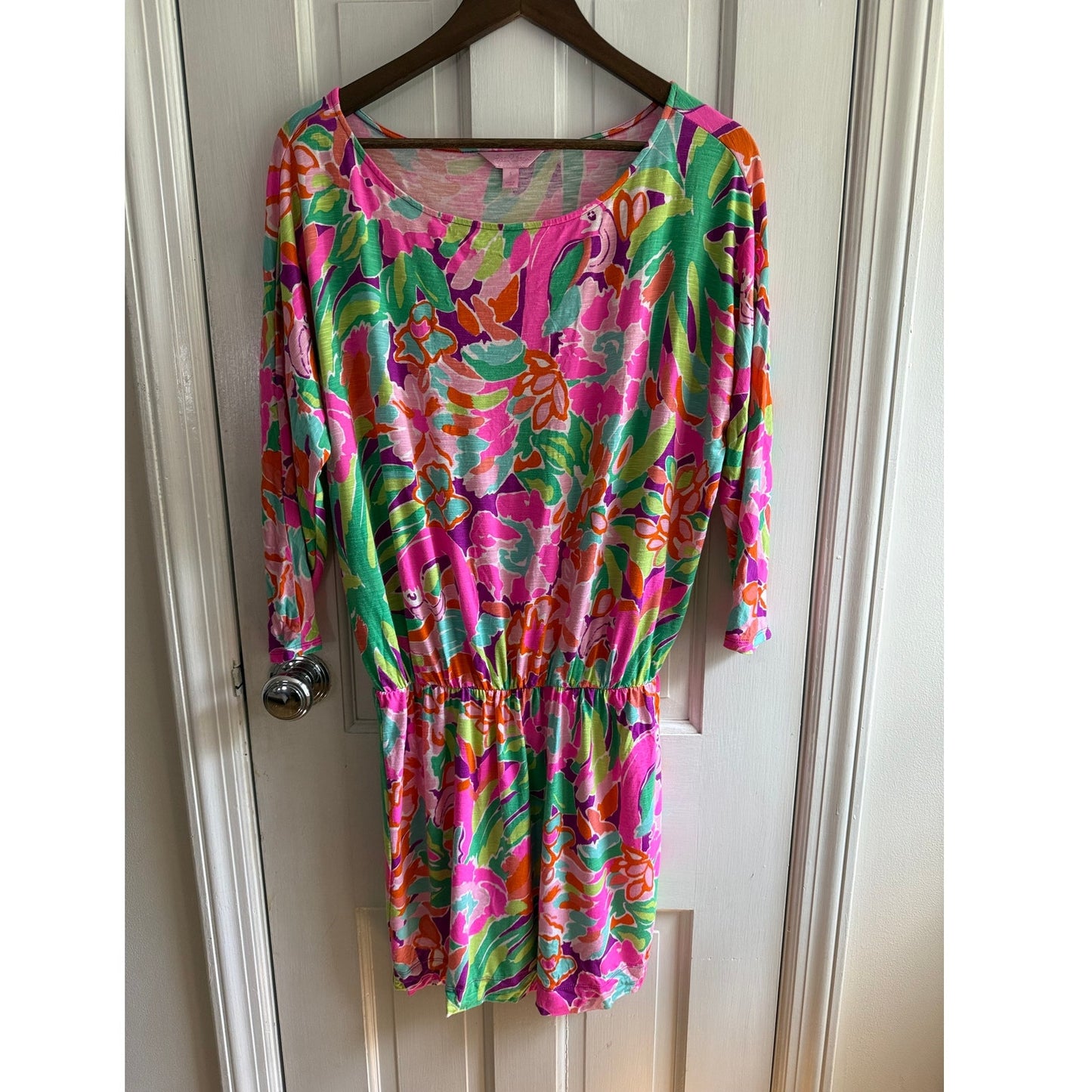 Lilly Pulitzer Cara Dress Small S Pink Green Spearmint Navel Floral Blouson EUC