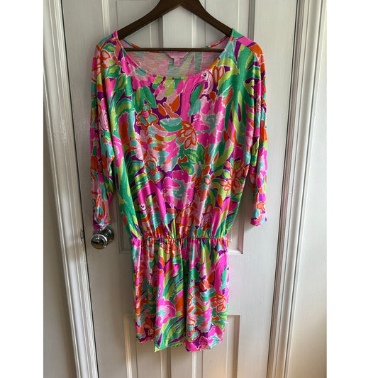 Lilly Pulitzer Cara Dress Small S Pink Green Spearmint Navel Floral Blouson EUC