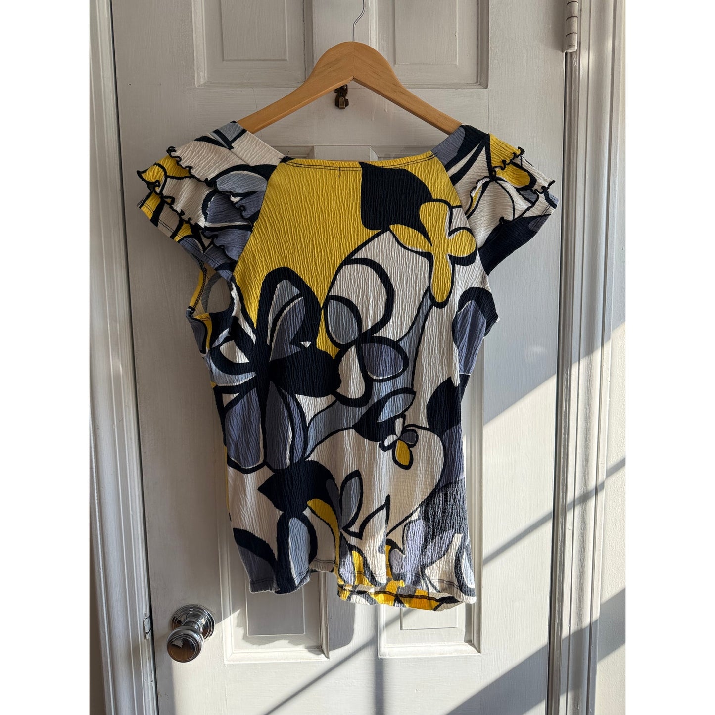 Vintage Suzie Black Yellow Abstract Twist Front Pucker Knit Top Size L EUC