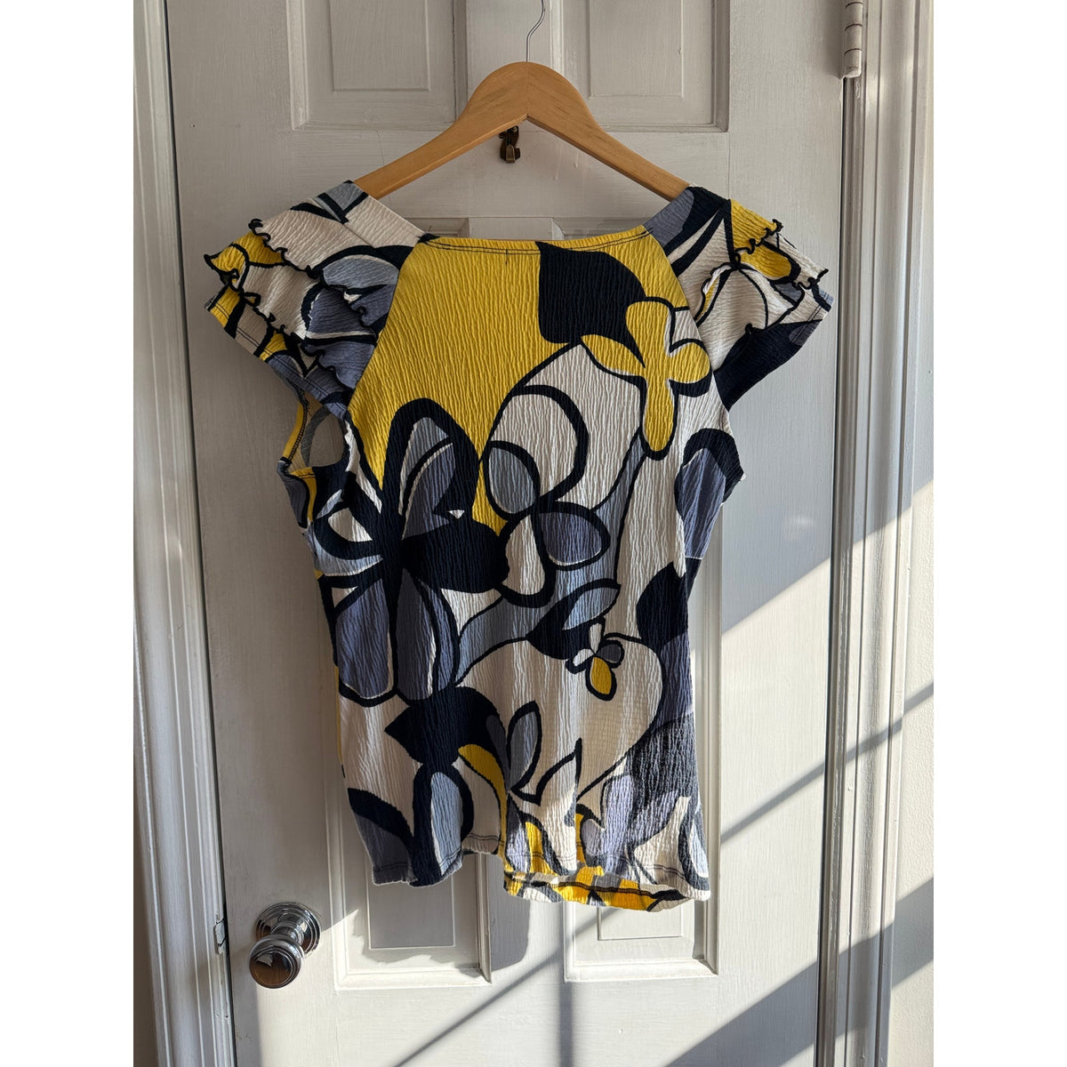 Vintage Suzie Black Yellow Abstract Twist Front Pucker Knit Top Size L EUC