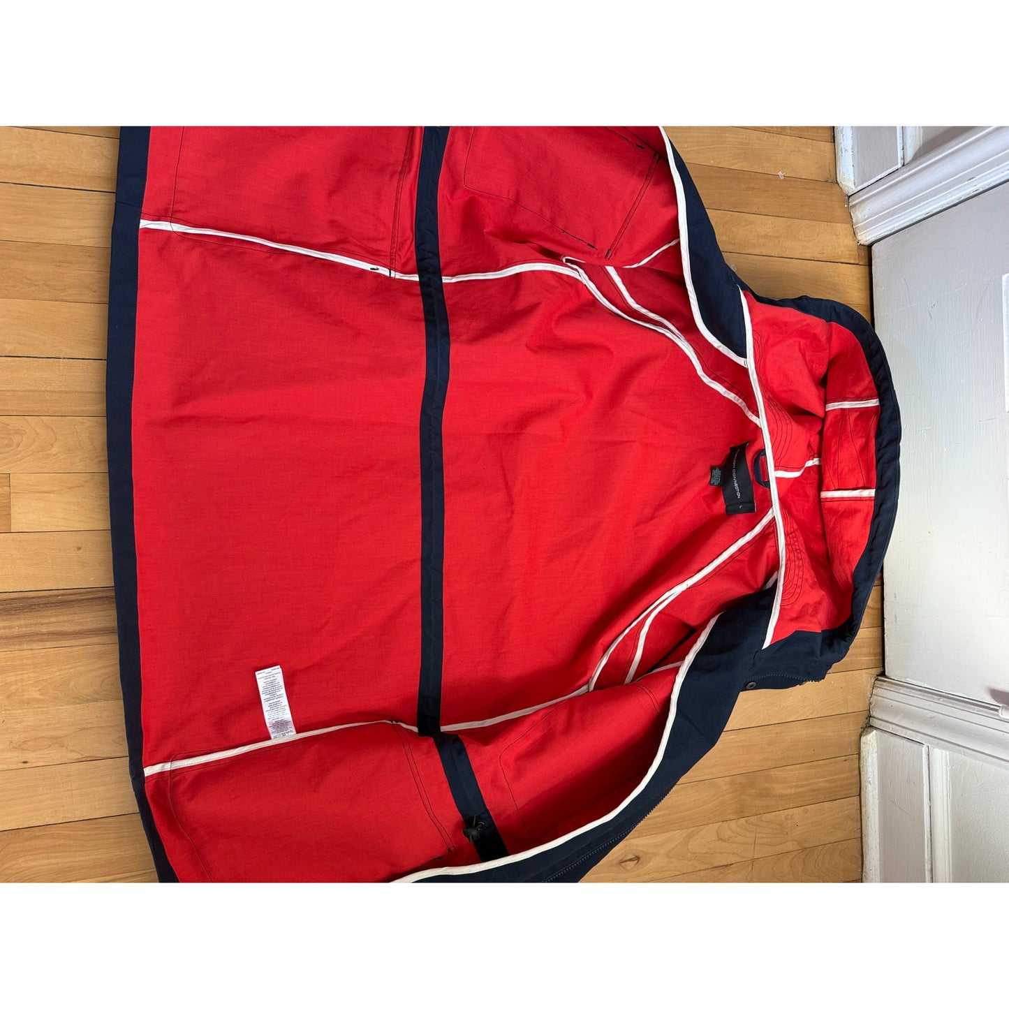 French Connection Men’s Navy Blue Hooded Field Jacket - Red Lining - Large - EUC