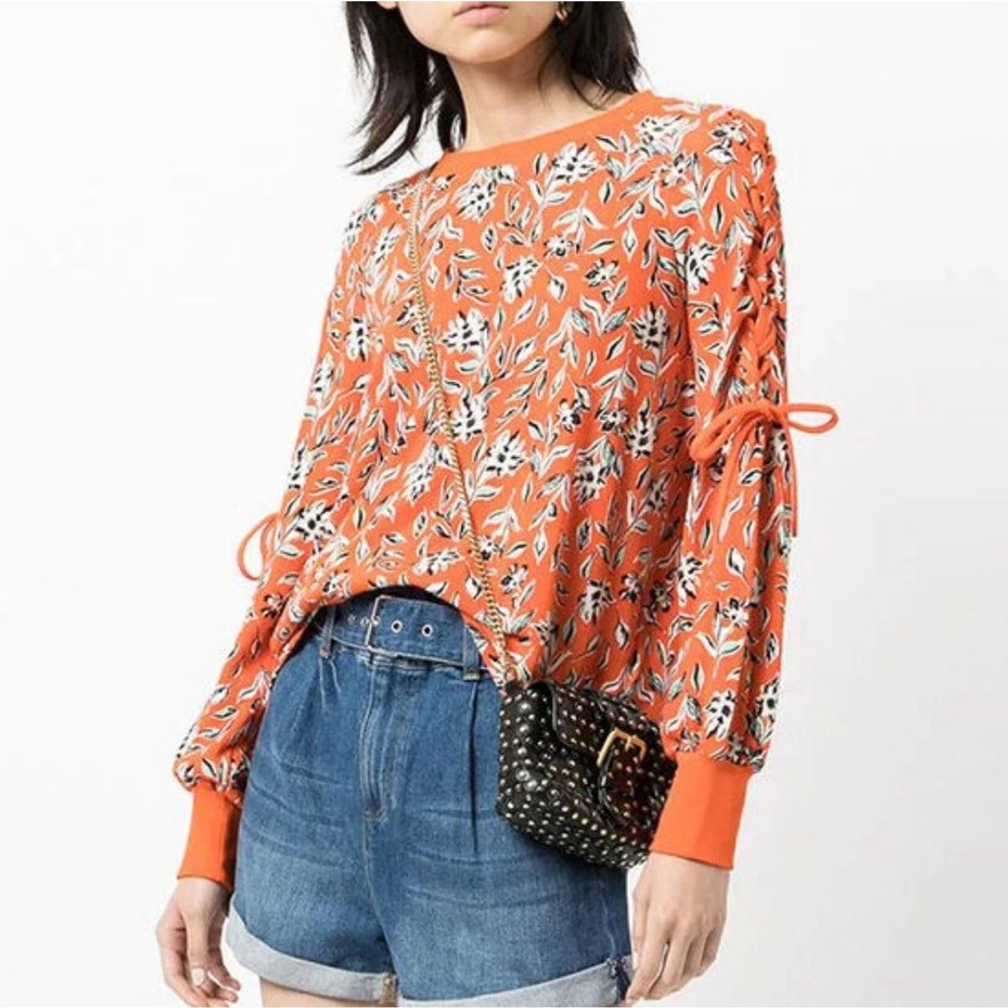 Alice + Olivia Charlotte Orange Floral Lace Up Sleeve Sweatshirt S/P - Sienna