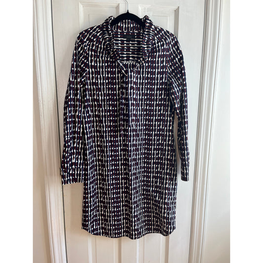 COS Printed Ruffle Neck Tie Front Cotton Midi Dress | Abstract Minimalist Sz 2