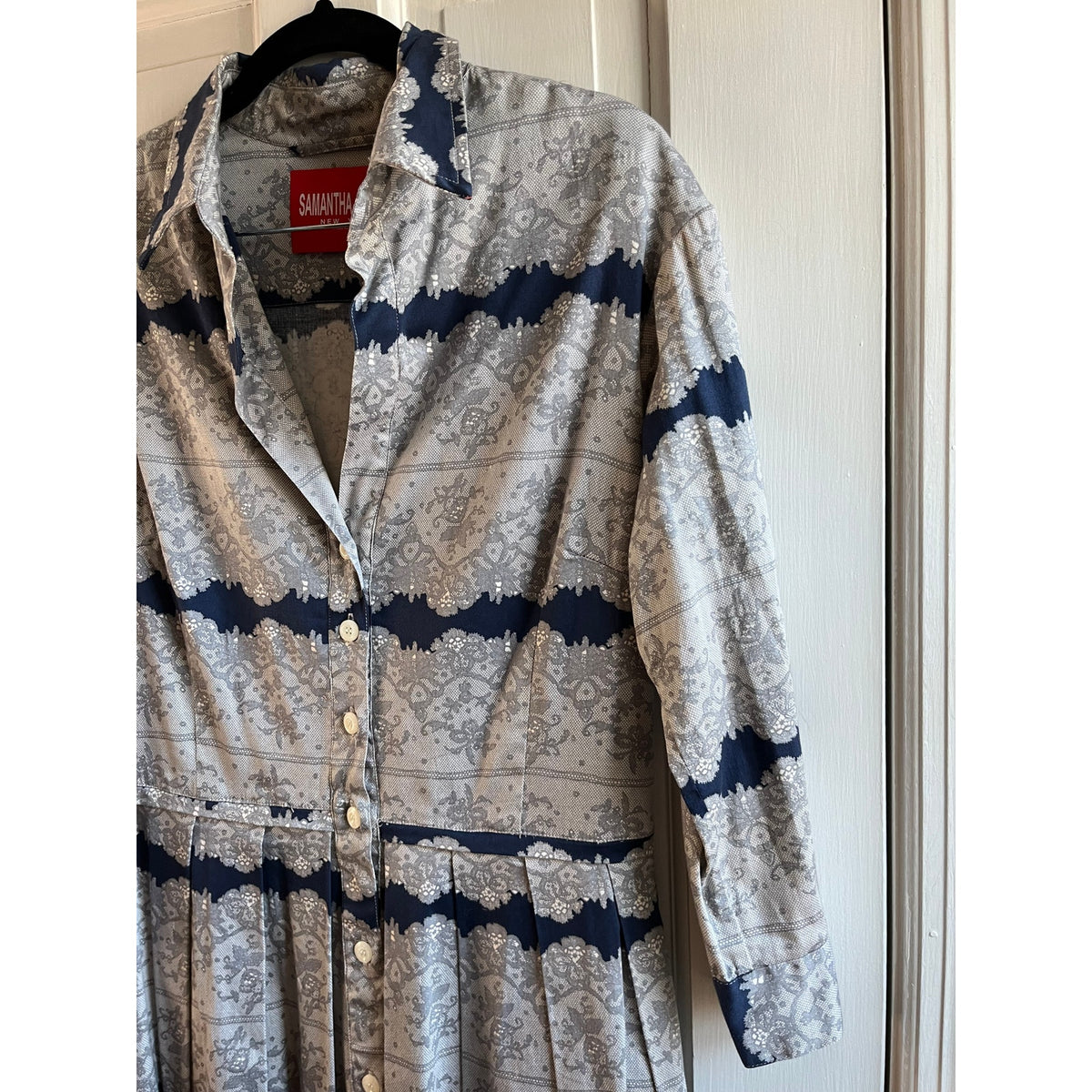 Samantha Sung Audrey Cotton Shirt Dress | Blue & Grey Lace Batik Print | Size 4