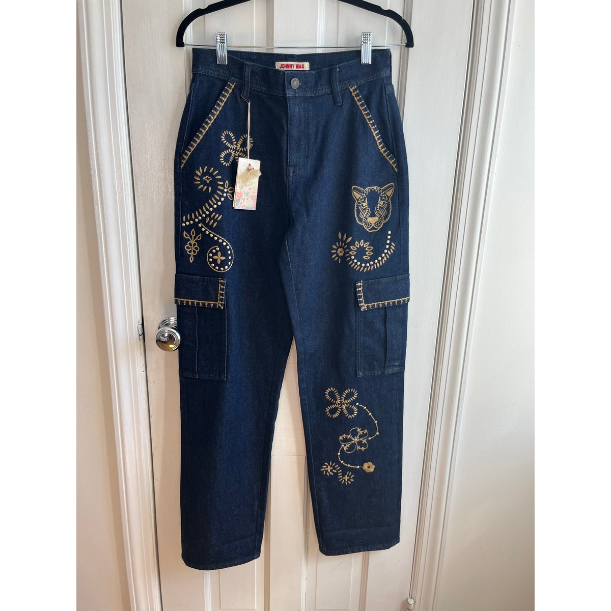 NWT Johnny Was Embroidered Pants Size 25 Boho Floral Artisan Straight Leg Cotton