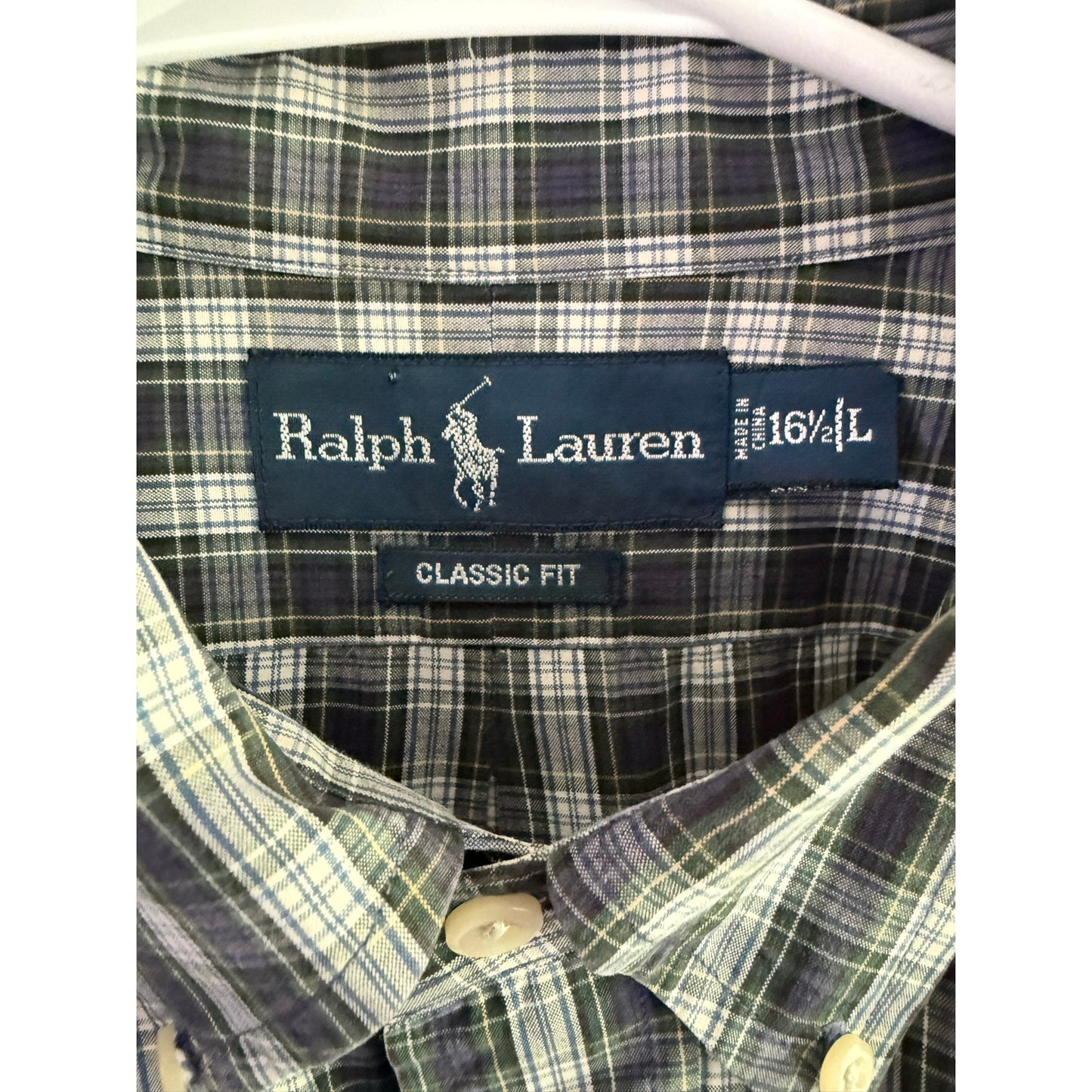 Vintage Polo Ralph Lauren Button Down Green White Plaid Shirt 16.5/XL
