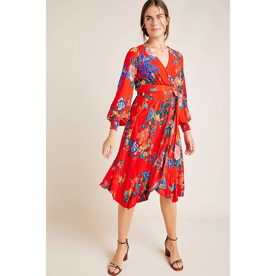 Anthropologie Boswell Textured Faux Wrap Floral Tunic Midi Dress Red 12P EUC