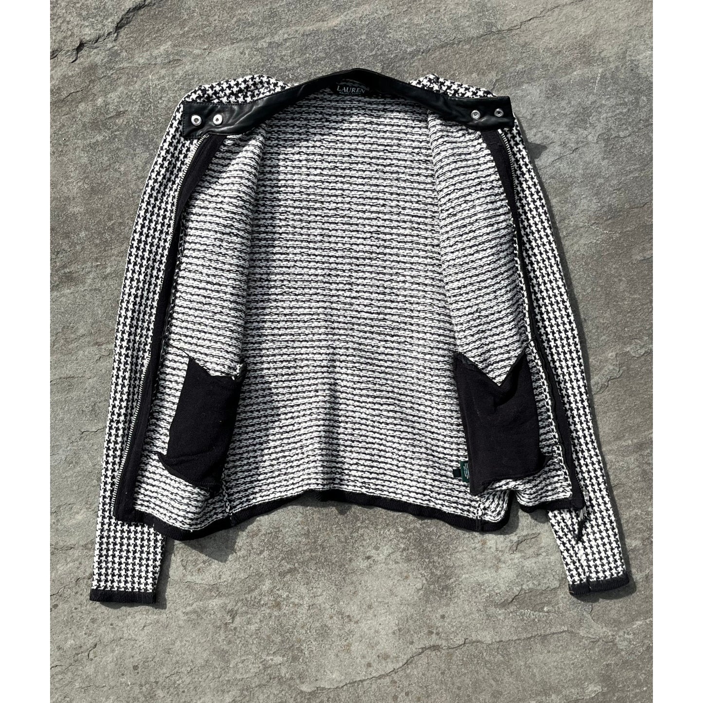 Lauren Ralph Lauren Houndstooth Moto Jacket Small Black White Faux Leather Trim EUC