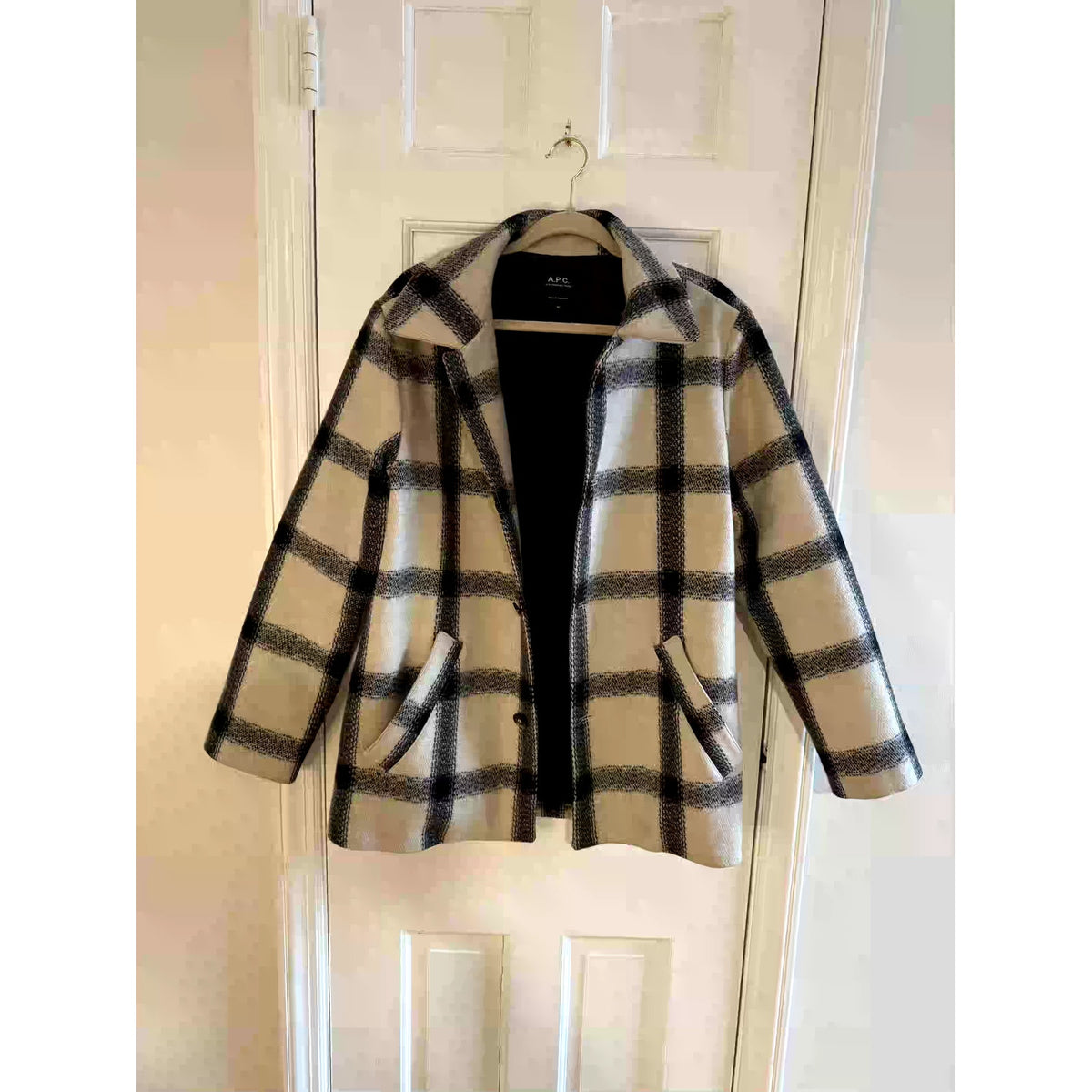 A.P.C. Black & White Men's Houndstooth Wool Coat Medium