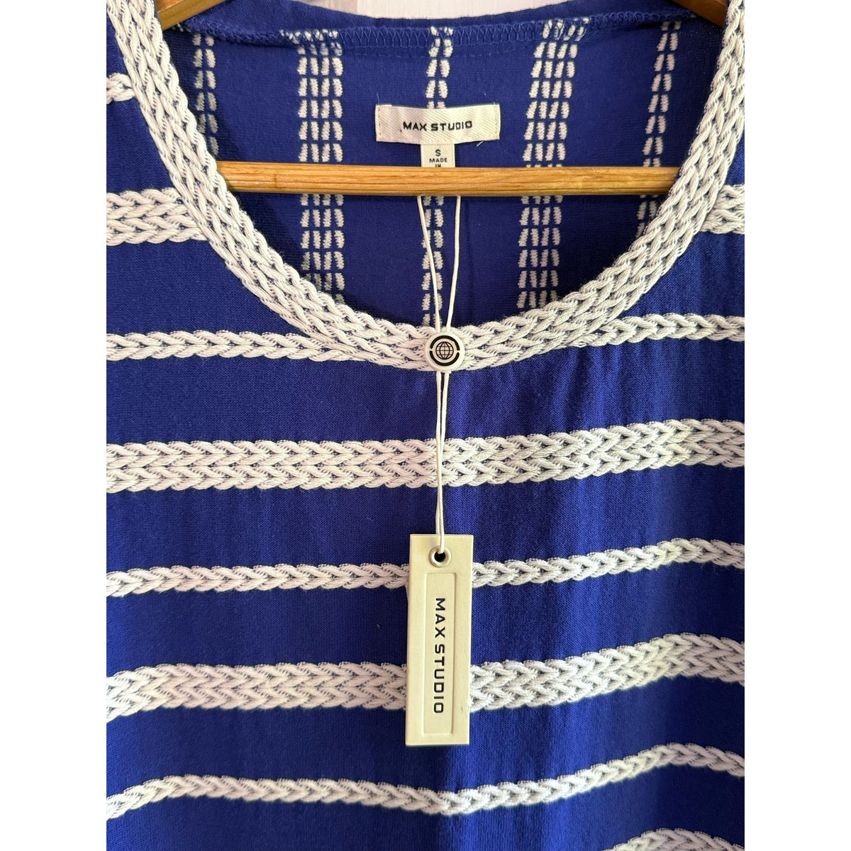 Max Studio Striped Knit Dress Womens Small S Blue Navy Short Sleeve NWT