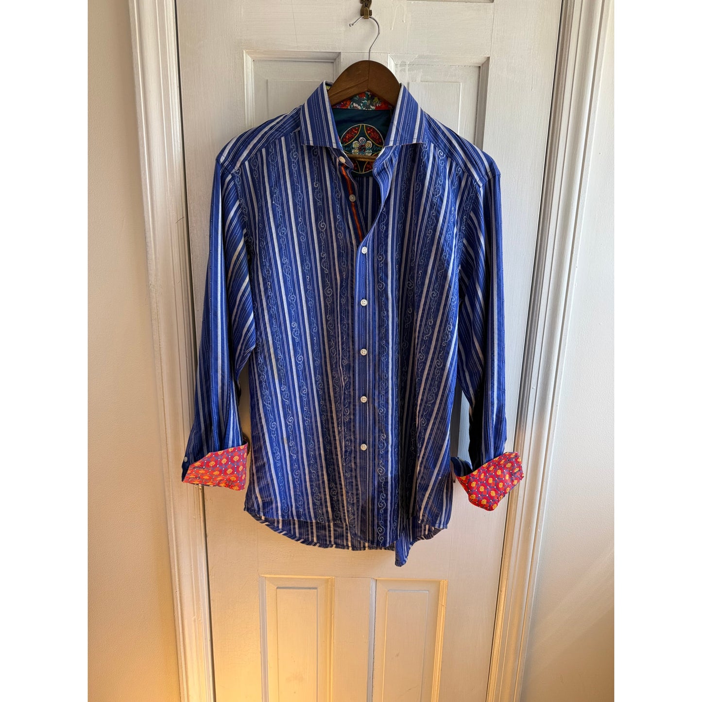 Robert Graham Blue & White Striped Woven Sport Shirt - Men's Size Medium - EUC