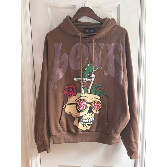 Reason Clothing Skull & Mushroom "LOVE / HATE" Graphic 
Hoodie - Brown, Medium