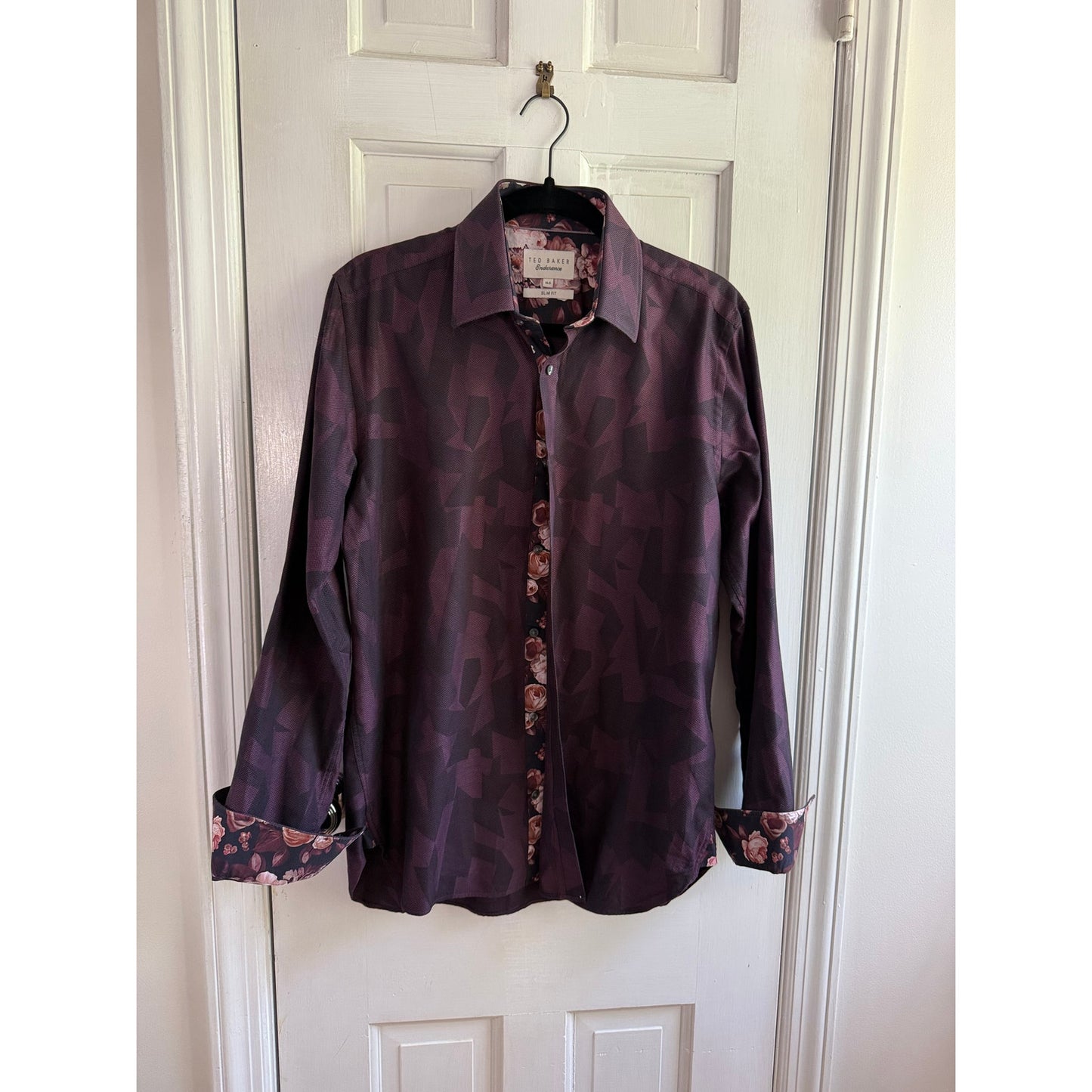 Ted Baker Endurance Purple Geometric Shirt 15.5 Slim Rose Floral Contrast Cuffs