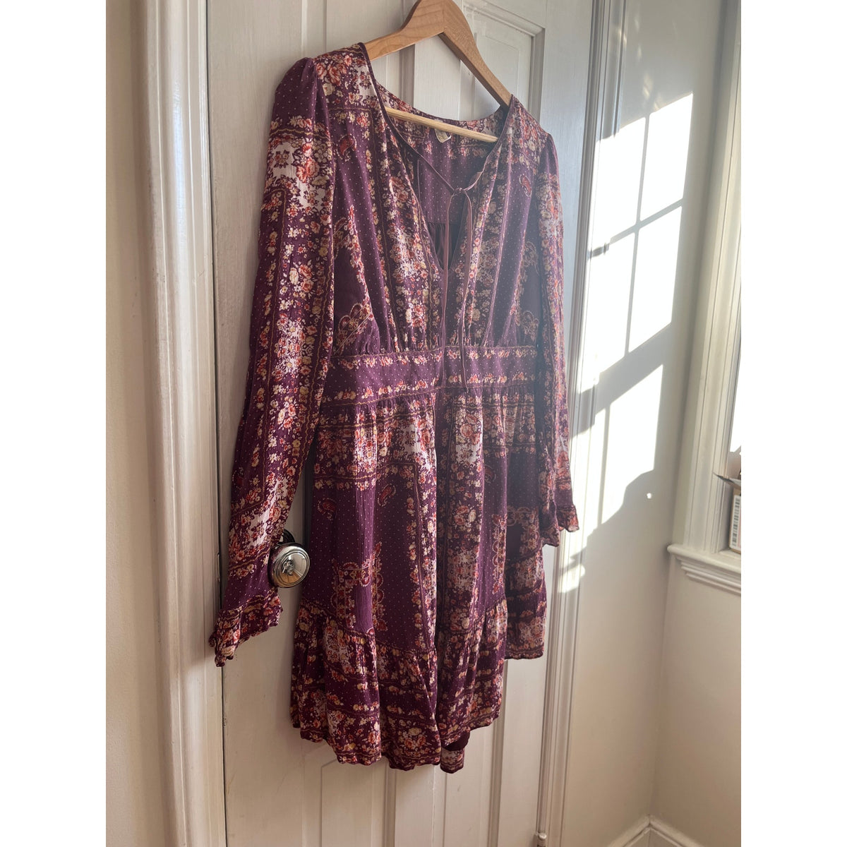 Free People Burgundy Floral Tie Front Tunic Dress Long Sleeve High Low Viscose M