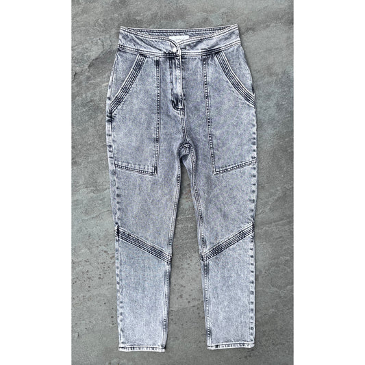 ba&sh Paris Lady Jeans High Rise Moto Acid Wash Denim Gray Noir 1 S 26 27 $265