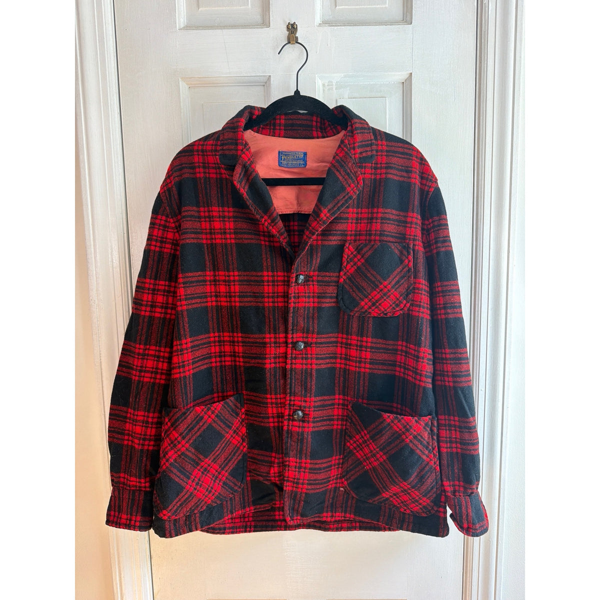 Vintage Pendleton 100% Virgin Wool Field Shirt Jacket CPO Red Black Plaid Mens L