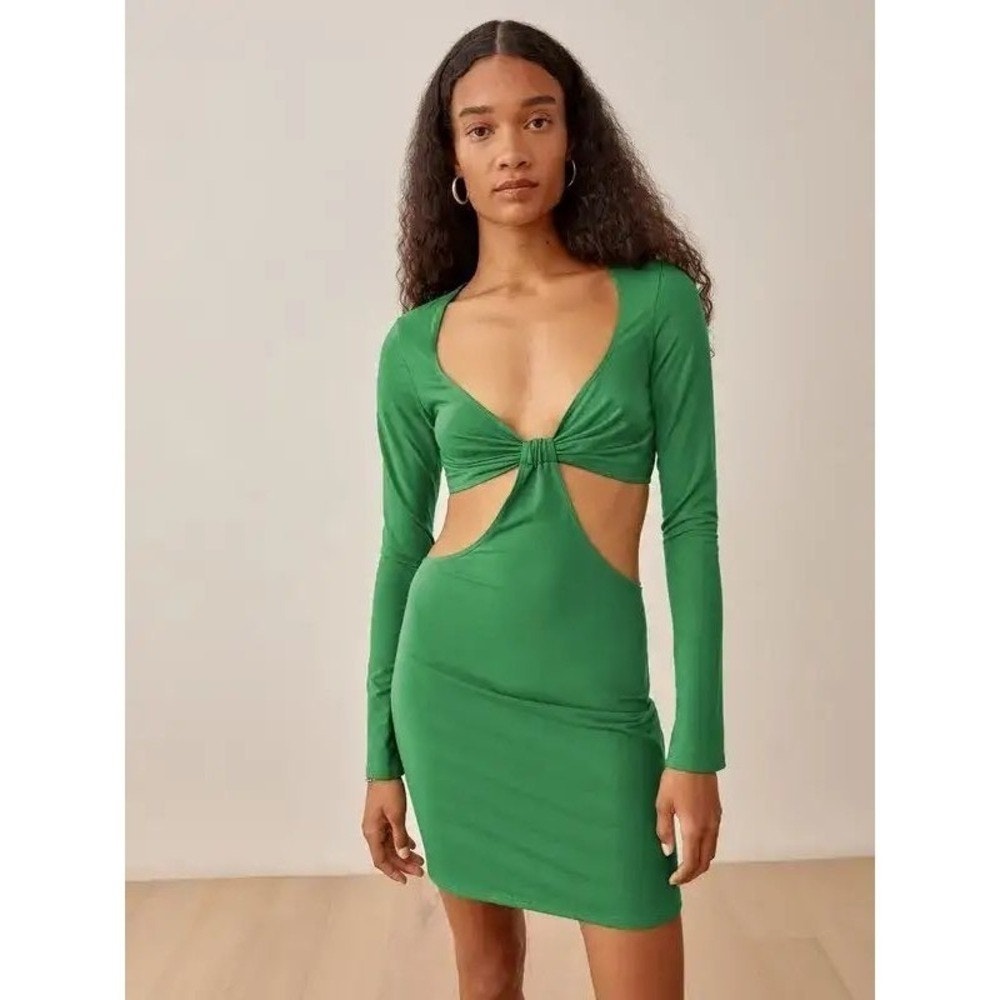 Reformation Hale Green Cutout Long Sleeve Mini Dress XS - Twist Front EUC