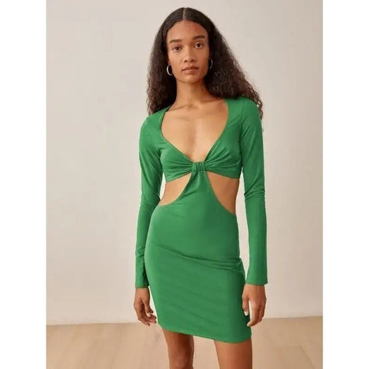 Reformation Hale Green Cutout Long Sleeve Mini Dress XS - Twist Front EUC