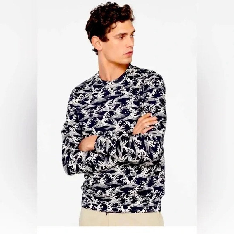 Sandro Navy & White Ocean Pattern Men's Sweatshirt Small