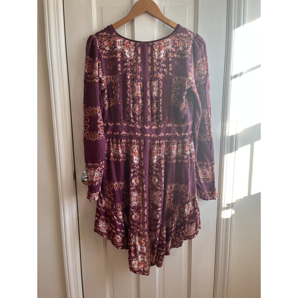 Free People Burgundy Floral Tie Front Tunic Dress Long Sleeve High Low Viscose M