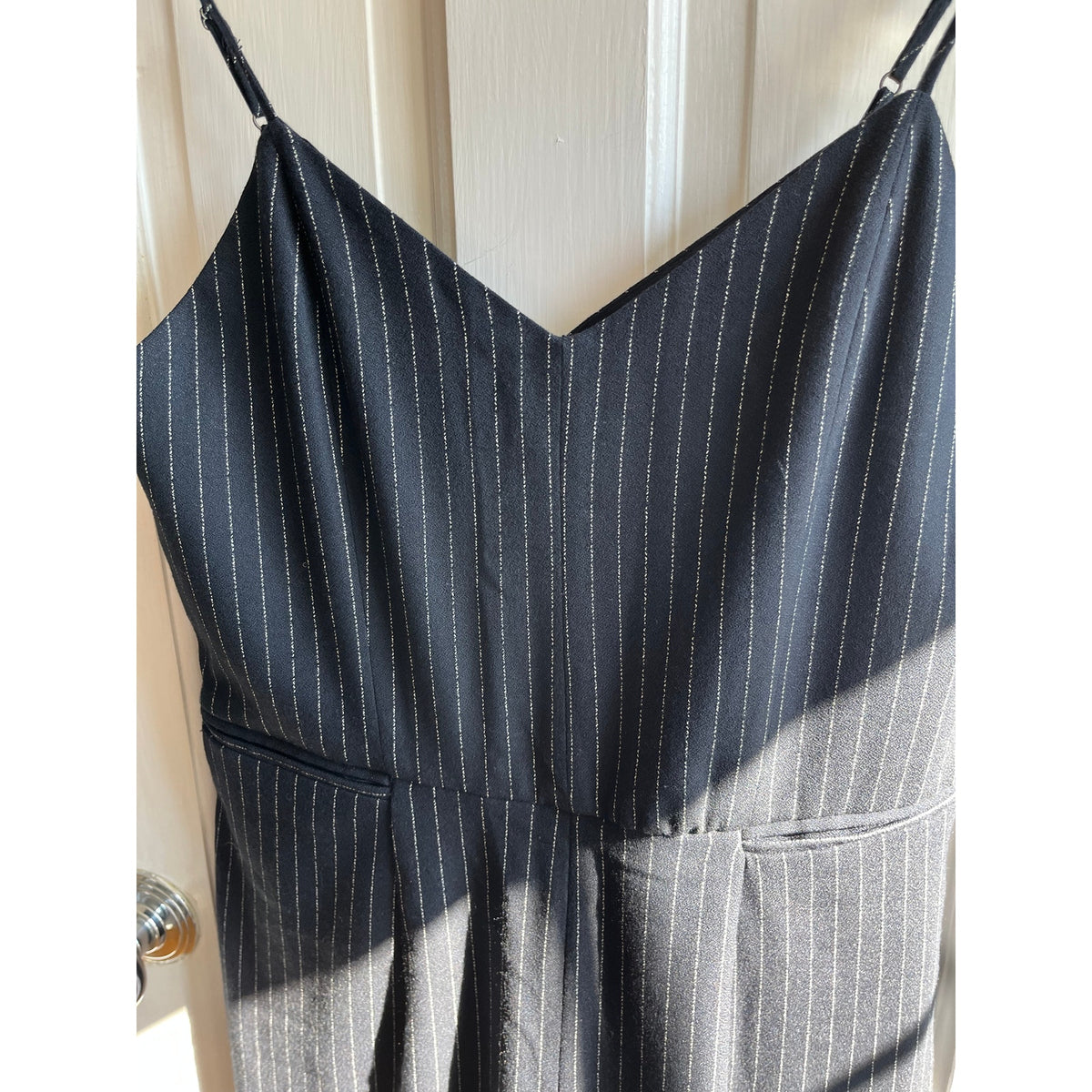 Anthropologie The Essential Pinstripe Jumpsuit Navy White Wide Leg Size 4