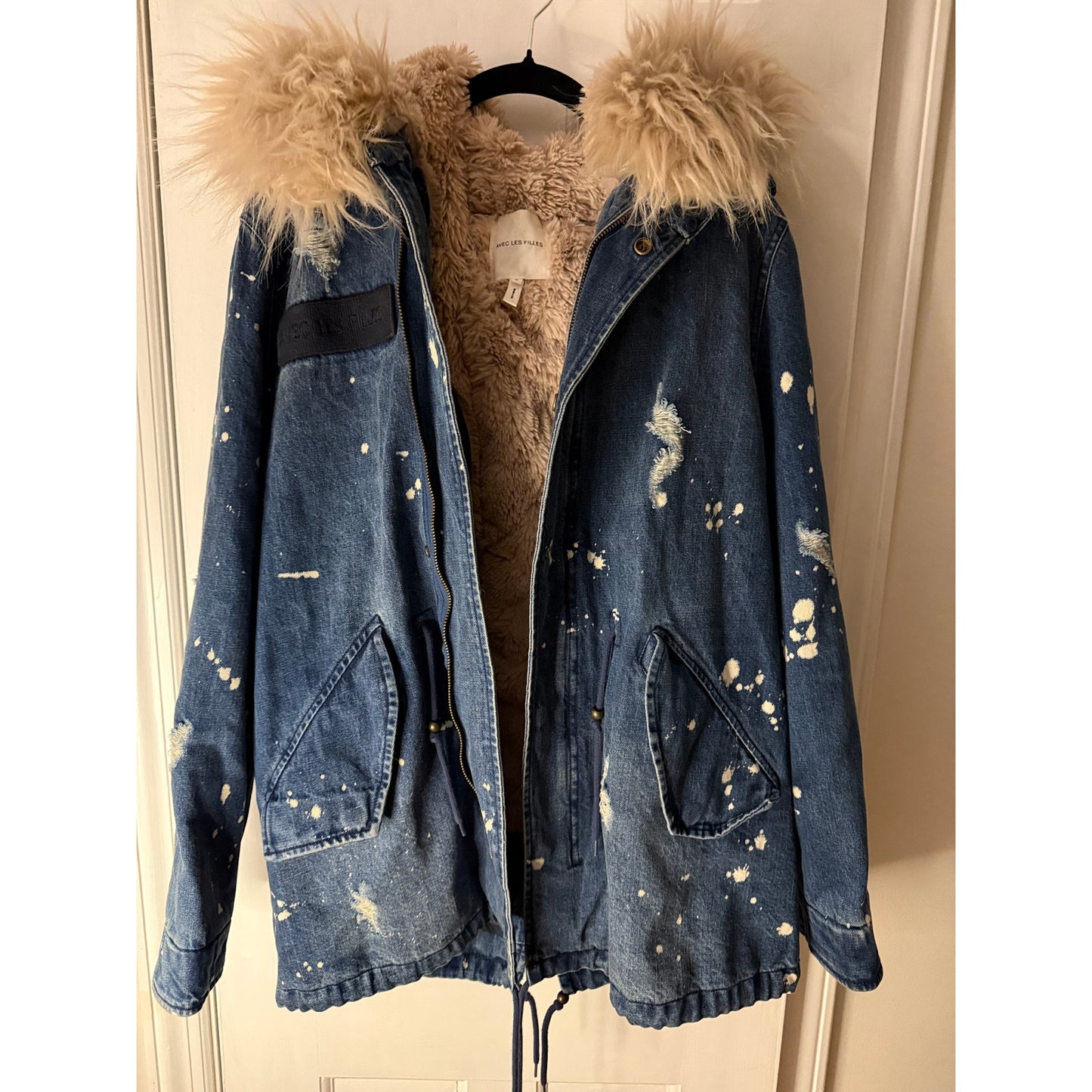 Avec Les Filles Distressed Denim Coat with Removable Faux Fur Lining - Small (Oversized)