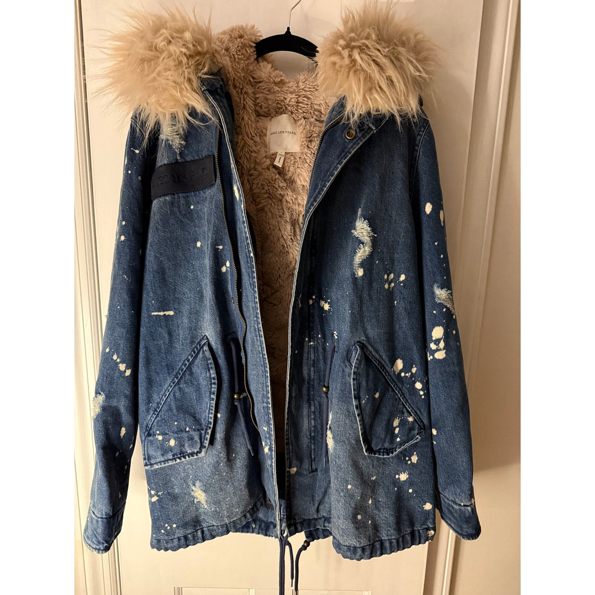 Avec Les Filles Distressed Denim Coat with Removable Faux Fur Lining - Small (Oversized)