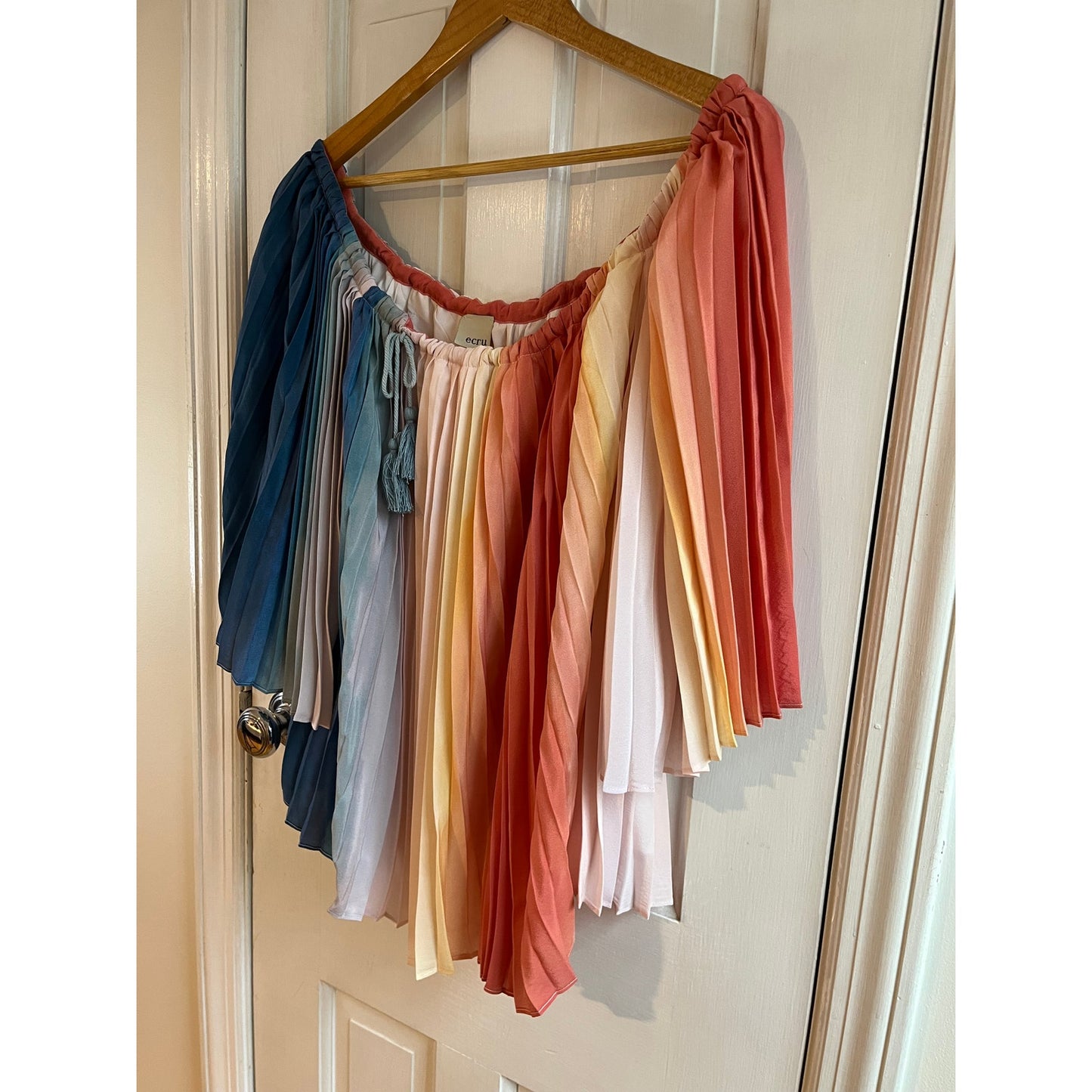 Ecru Rainbow Stripe Pleated Off Shoulder Top Boho Accordion Plissé Small