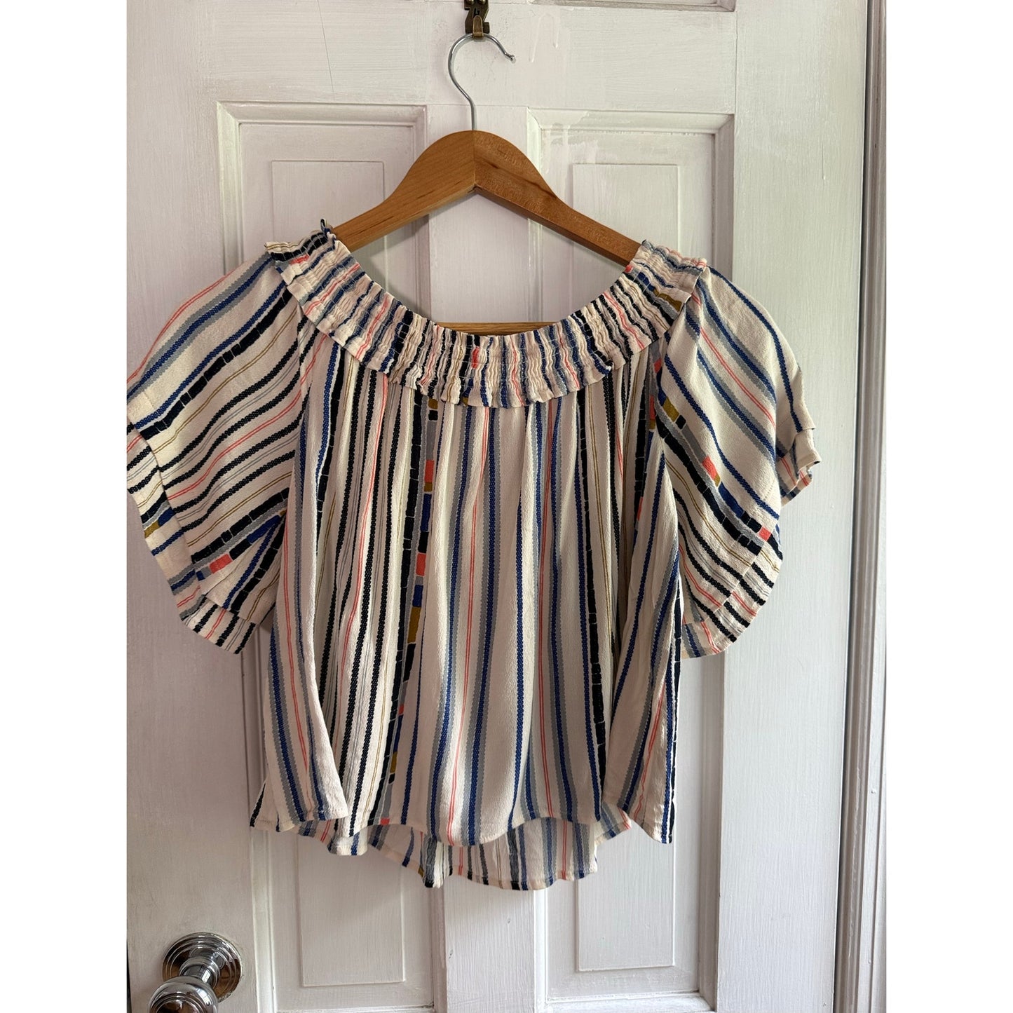 ASTR the Label Striped Off-the-Shoulder Blouse Orange Blue White