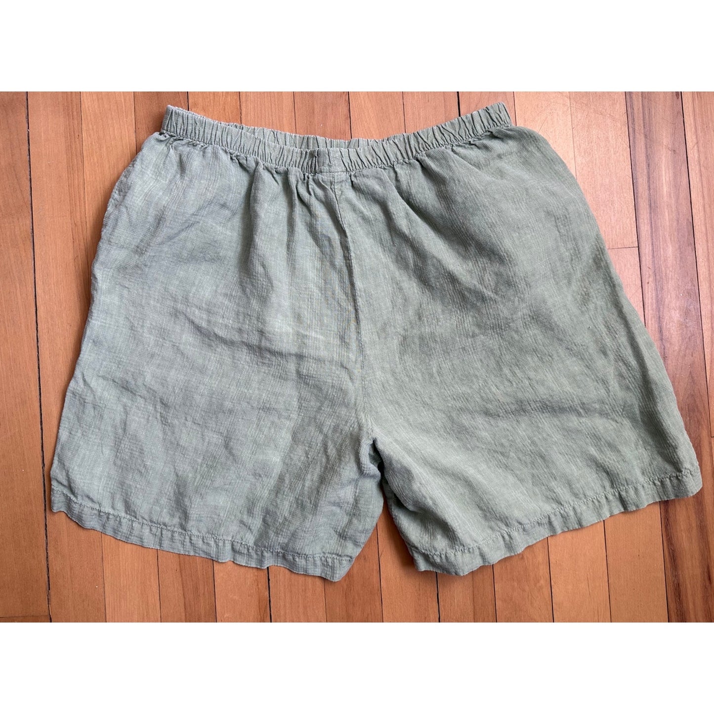 EILEEN FISHER Green Organic Linen Shorts Petite EUC Elastic Waist Pockets