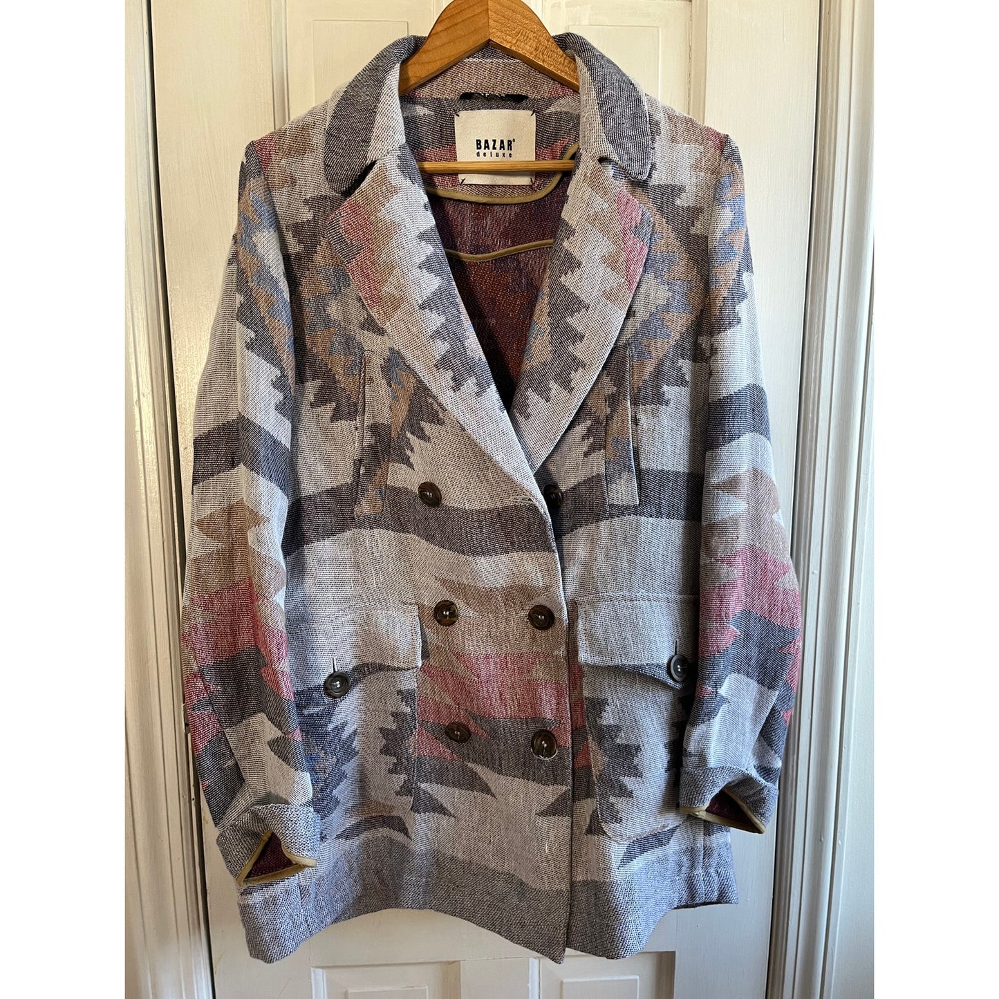 Bazar Deluxe Italian Aztec Geometric Coat Double Breasted Wool Blend EU 46 US L