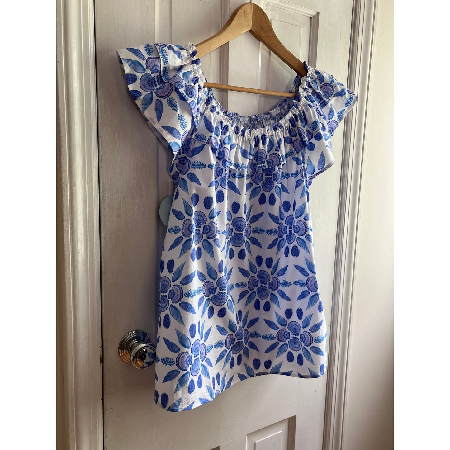 NWT Hill House The Augustine Top Blue Shell Mosaic Cotton Sz S Ruffle Smock