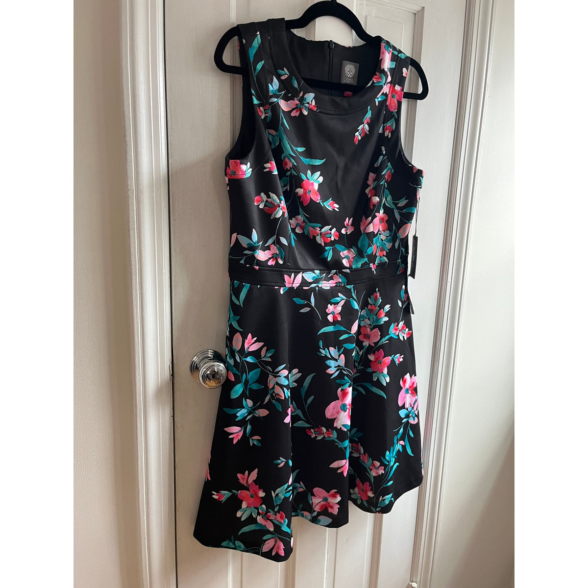 Vince Camuto Floral Scuba Fit & Flare Midi Dress | Black & Pink Wrinkle-Resistant | Plus Size 14