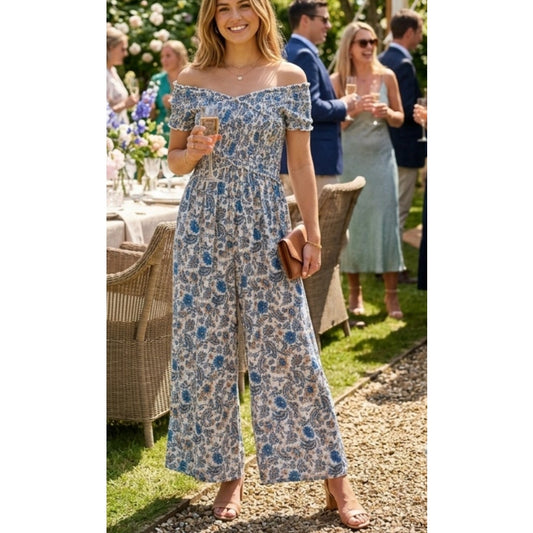 Patrons of Peace Blue Floral Smocked Wide Leg Jumpsuit XS EUC