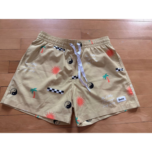 Duvin Mens Sm Yellow Tropical Sun Yin Yang Swim Trunks EUC