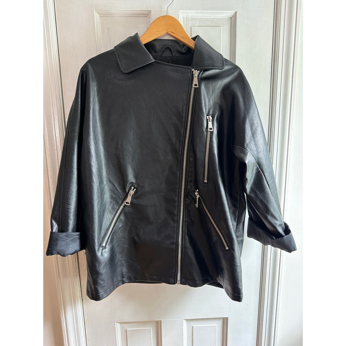 Maeve Anthropologie Faux Leather Moto Jacket Womens Medium Black Asymmetric Zip