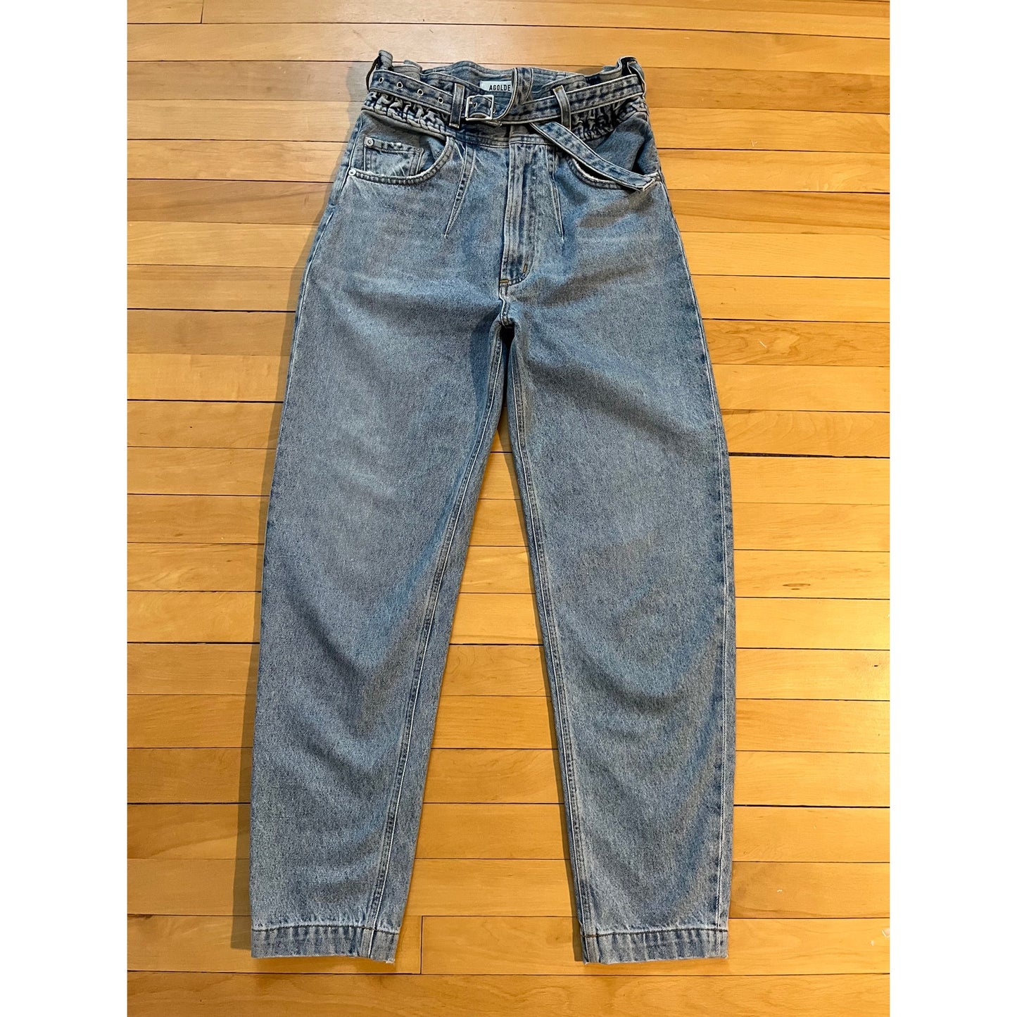 AGOLDE Riya Elasticated Peg Jeans High Rise Tapered Belted Denim 24 Retro