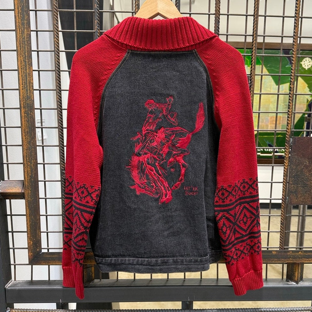 Pendleton Mens Medium Wool Knit Denim Cowboy Rodeo Trucker Jacket Red Grey Aztec