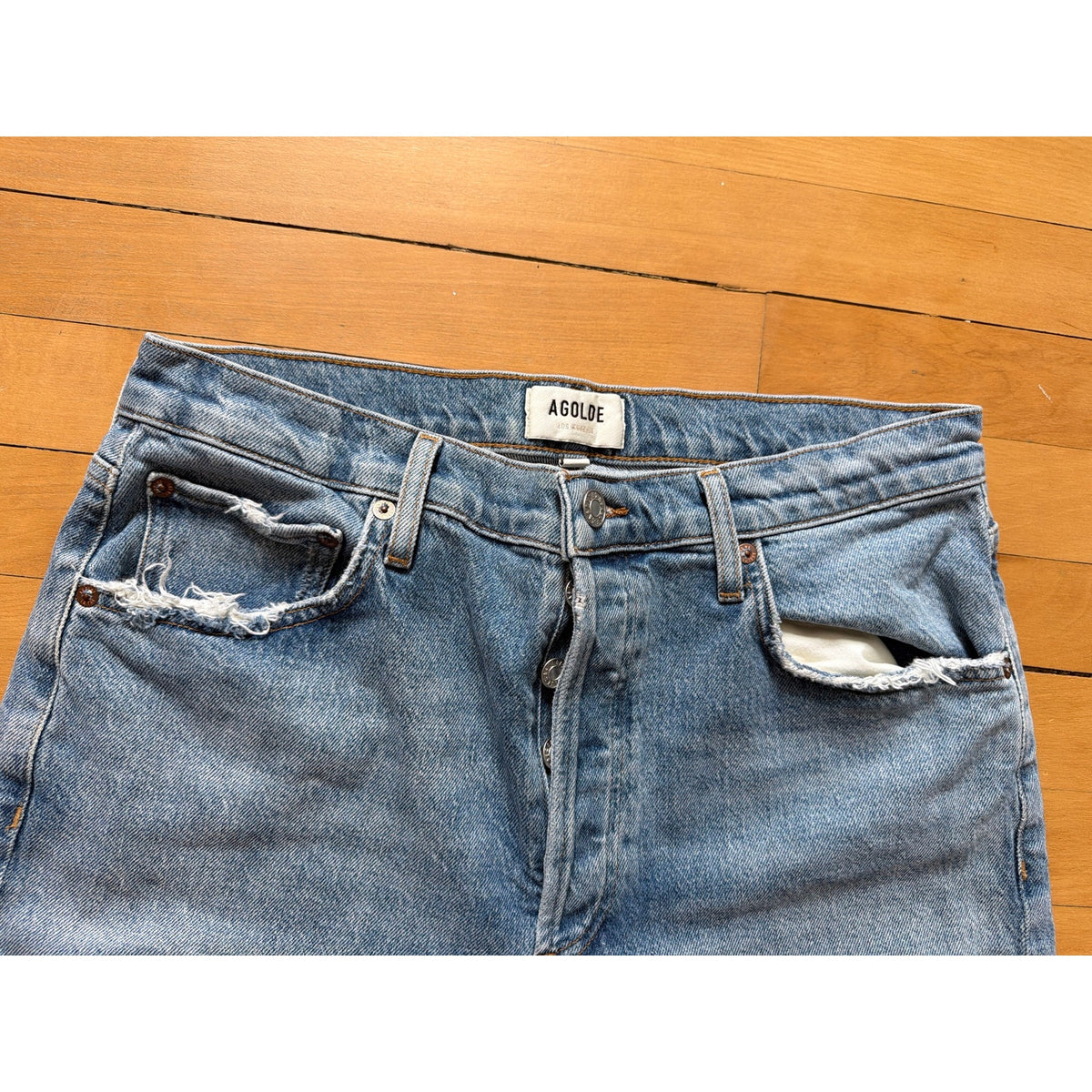 AGOLDE Straight Leg Button Fly Jeans Women’s Size 29 Distressed Hem Blue Denim