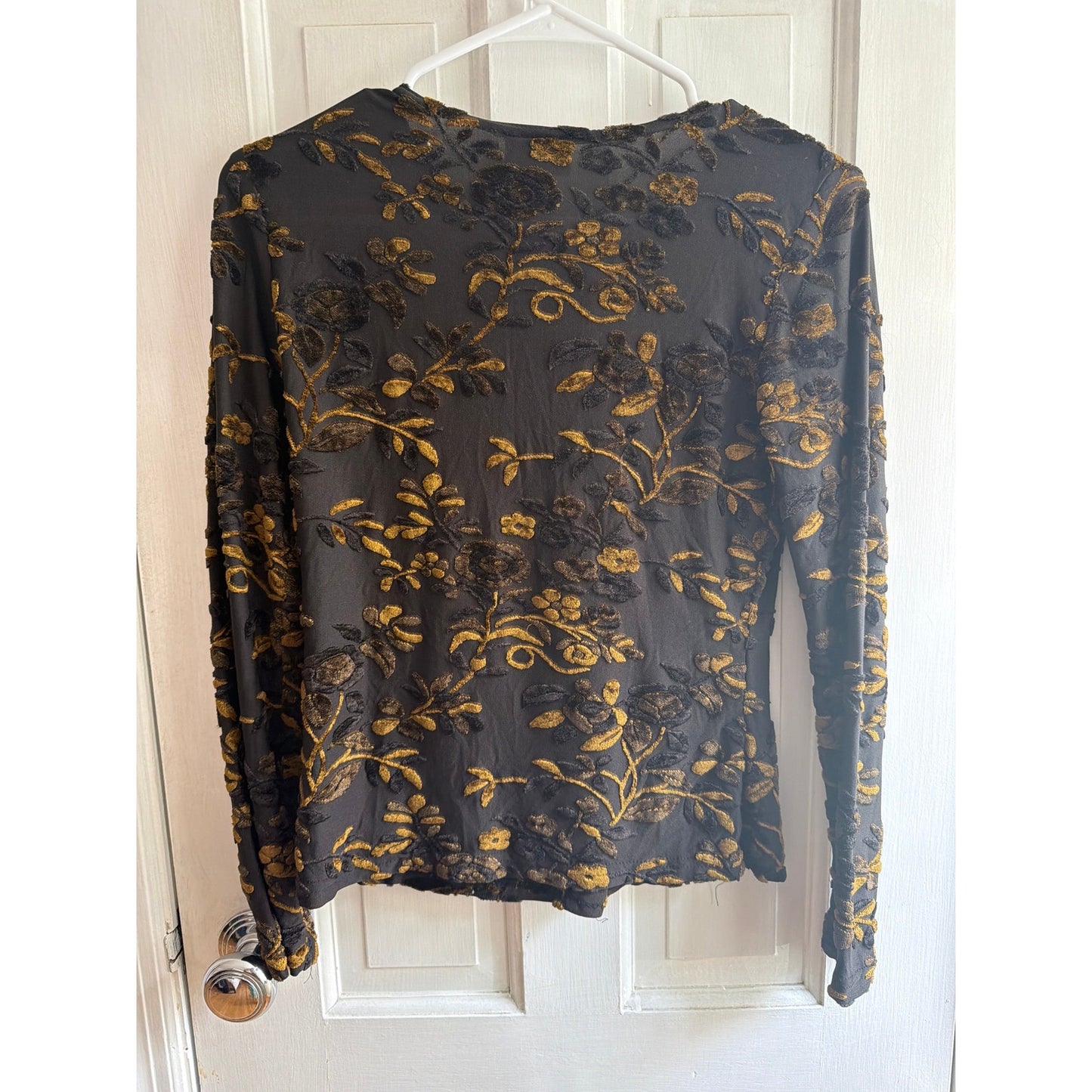Divine Vintage Floral Cardigan Sweater Womens Small S Black Gold Knit EUC