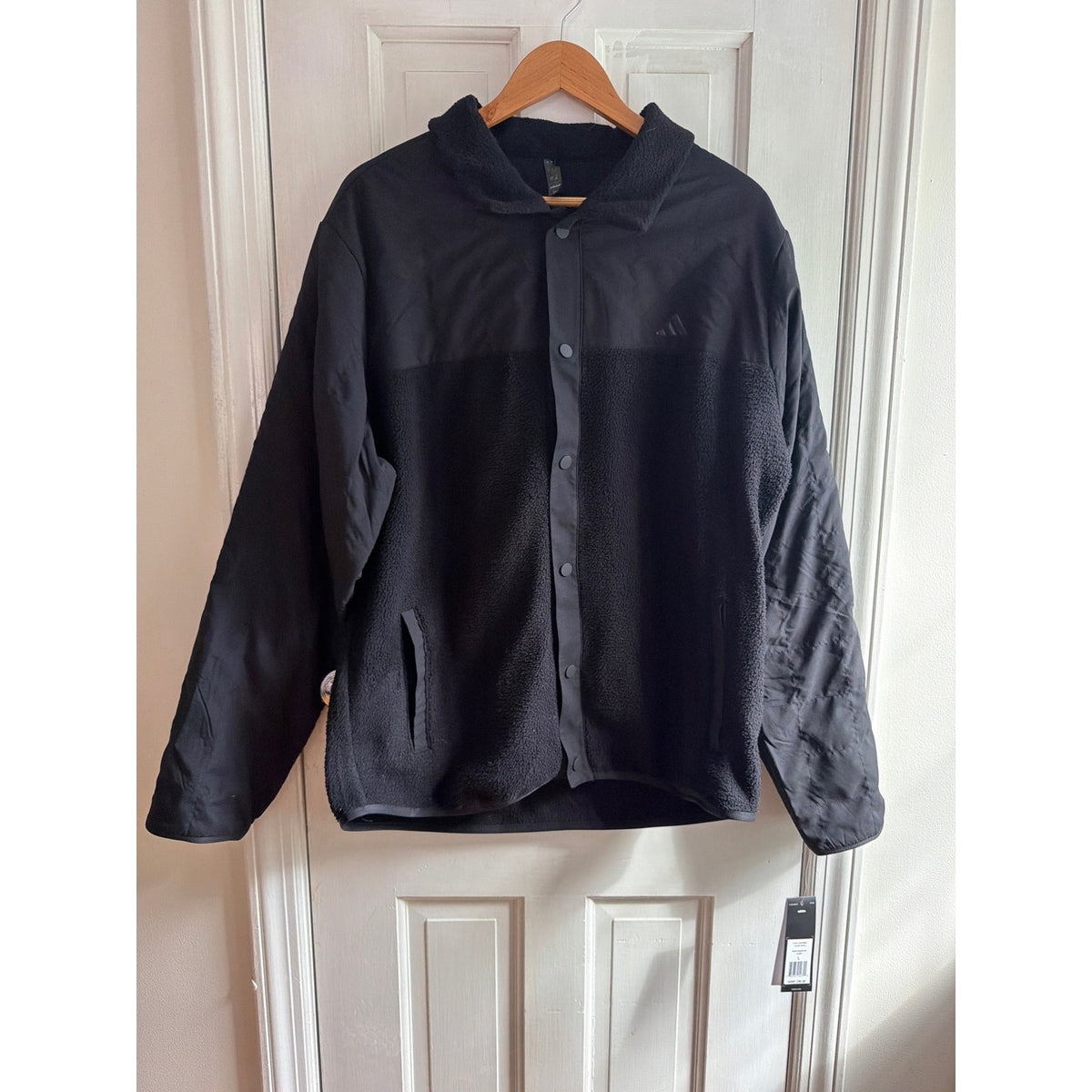 Adidas Mens Fleece Snap Front Jacket Faux Shearling Coat Black Size Large NWT