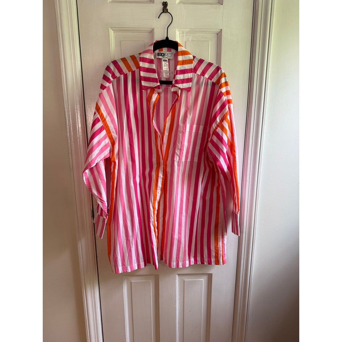 NWT Beach Riot Alexa Button Down Pink Orange Stripe Cover Up Shirt Size Large