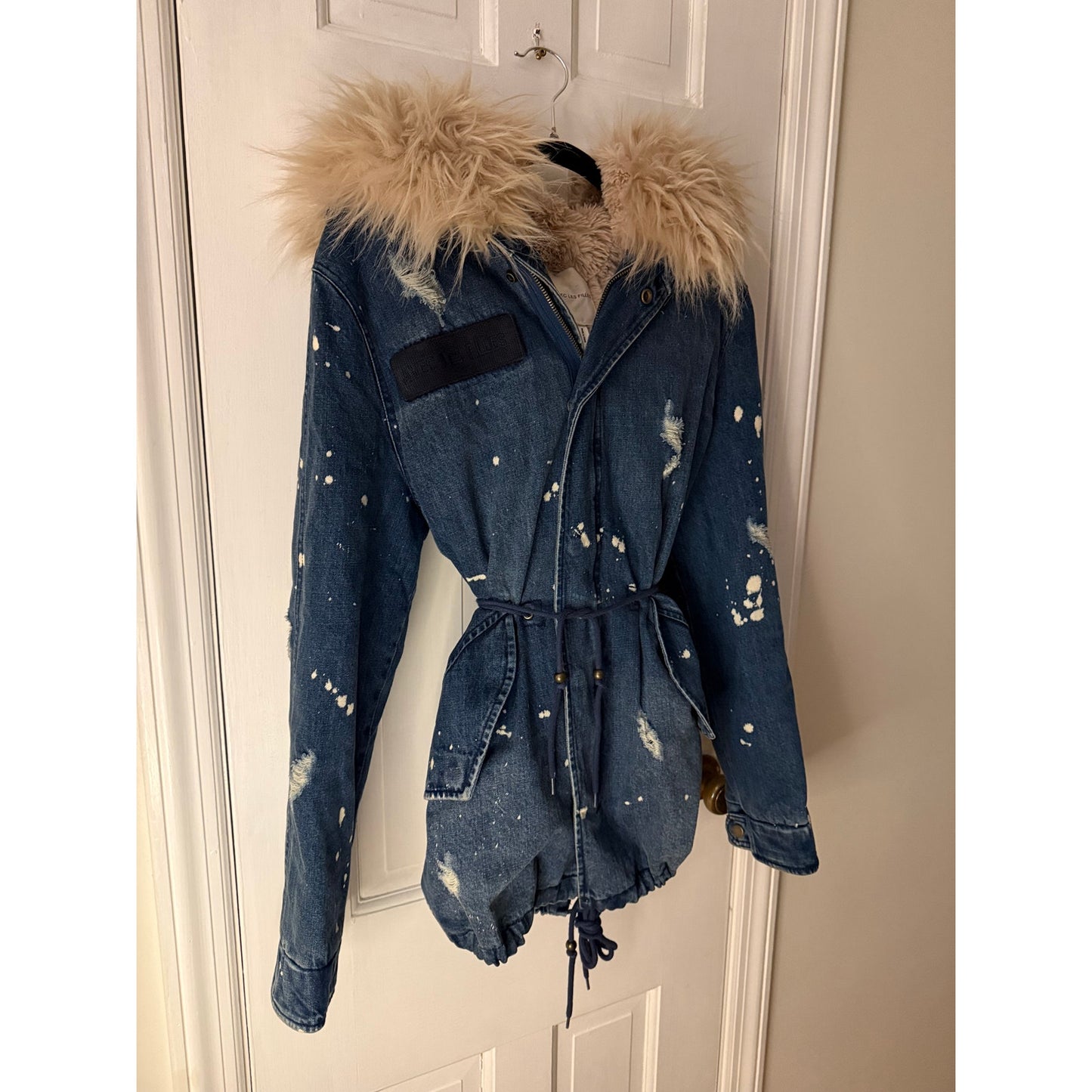 Avec Les Filles Distressed Denim Coat with Removable Faux Fur Lining - Small (Oversized)