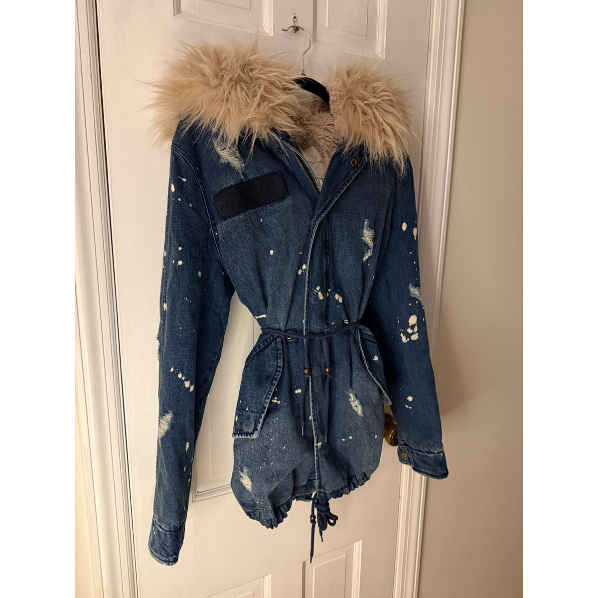 Avec Les Filles Distressed Denim Coat with Removable Faux Fur Lining - Small (Oversized)