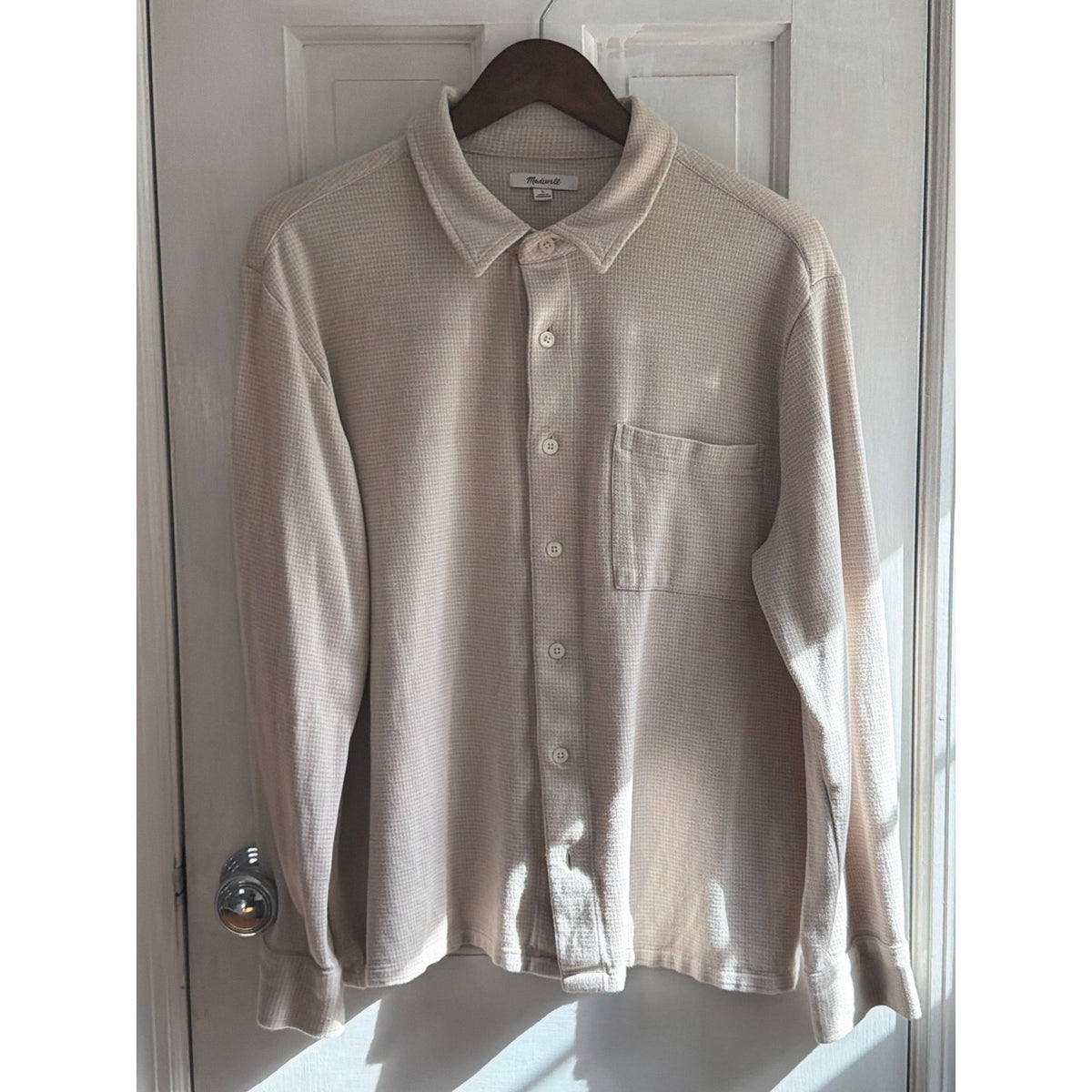 Madewell Waffle Knit Long Sleeve Button Up Shirt - Beige, Large